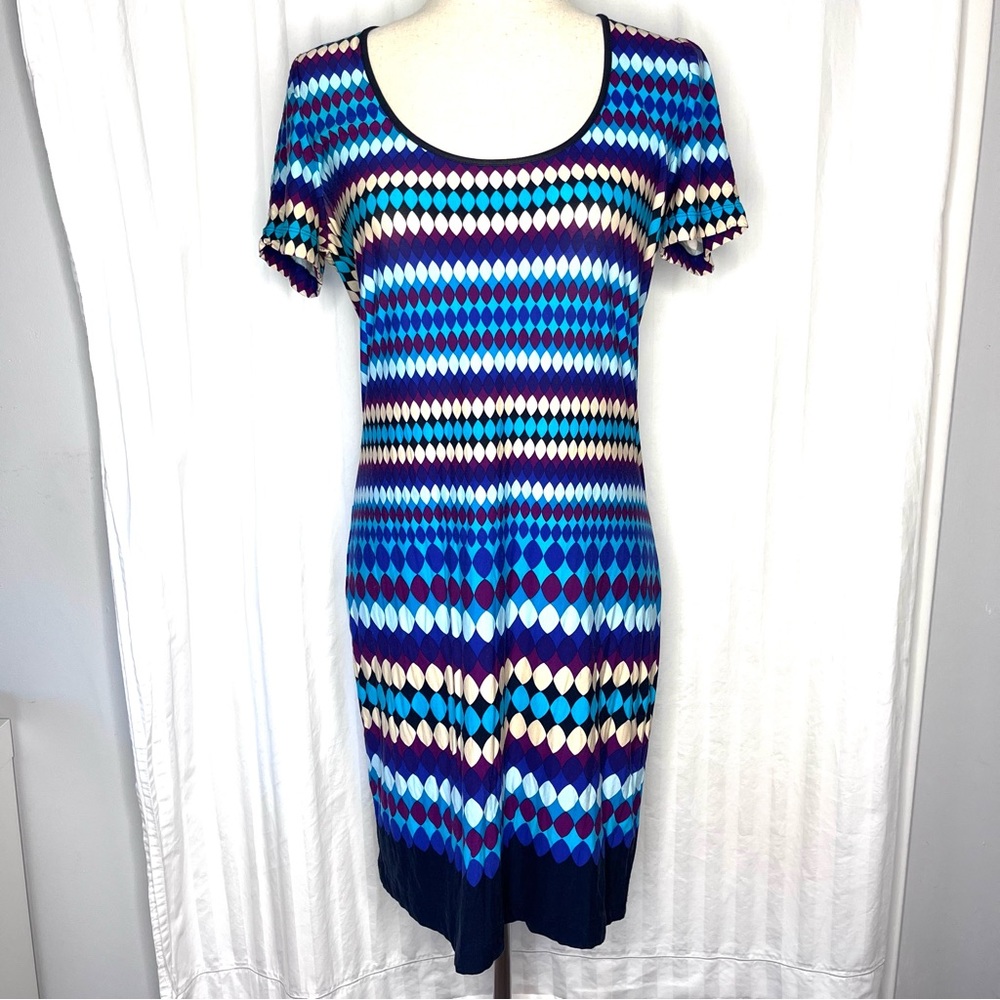 Calvin Klein Spring Dress Blue Pattern Knee Length Spandex Stretch Size Medium